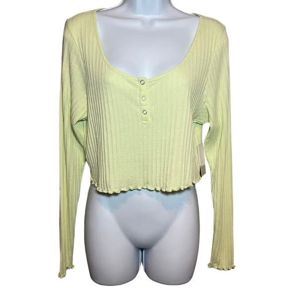 BP. Tops - BP Scoop Neck Long Sleeve Crop Henley In Green Limecream, XL, NWT